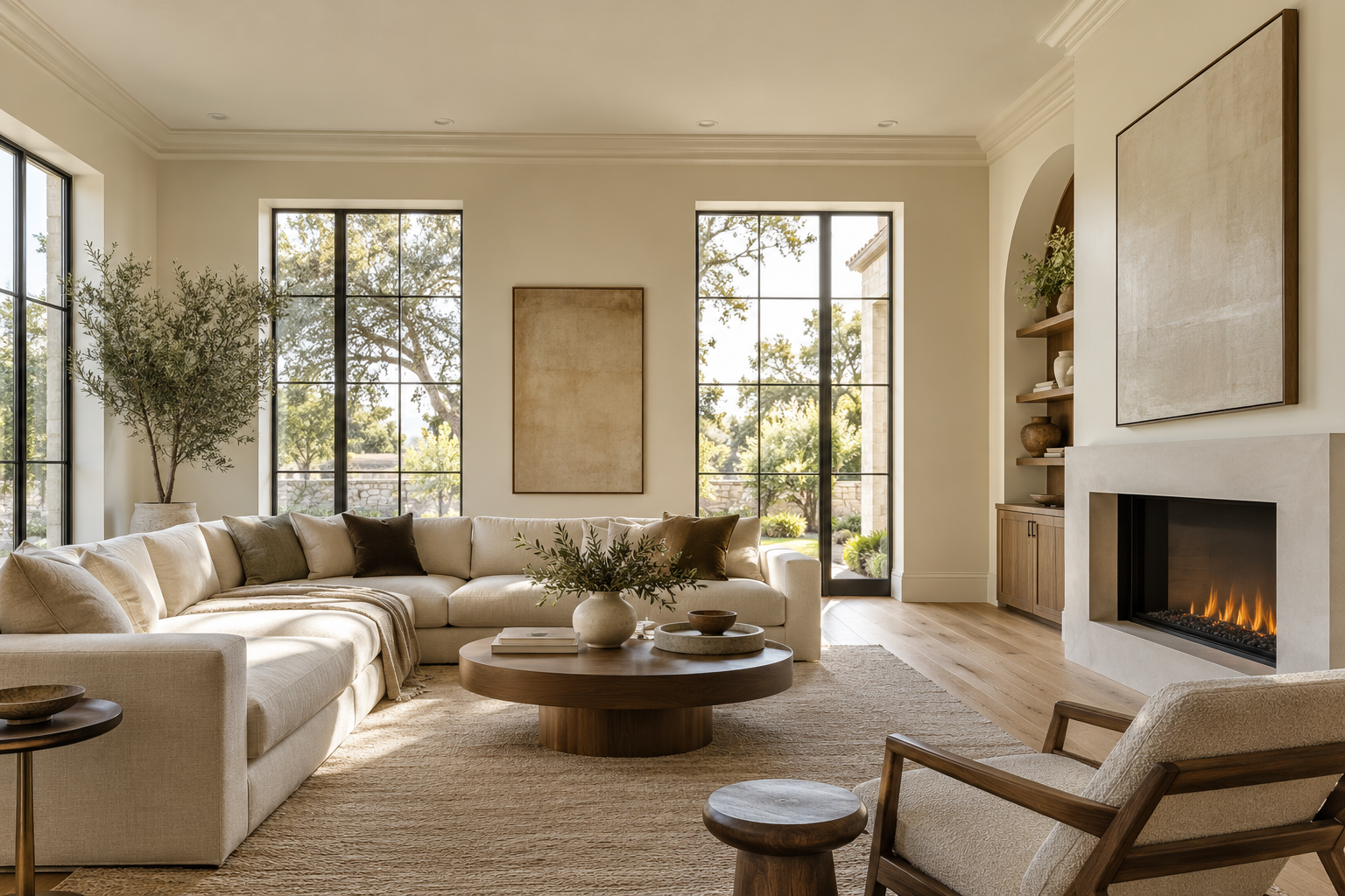 Illustrative interior with ivory painted walls, crown molding and a fireplace