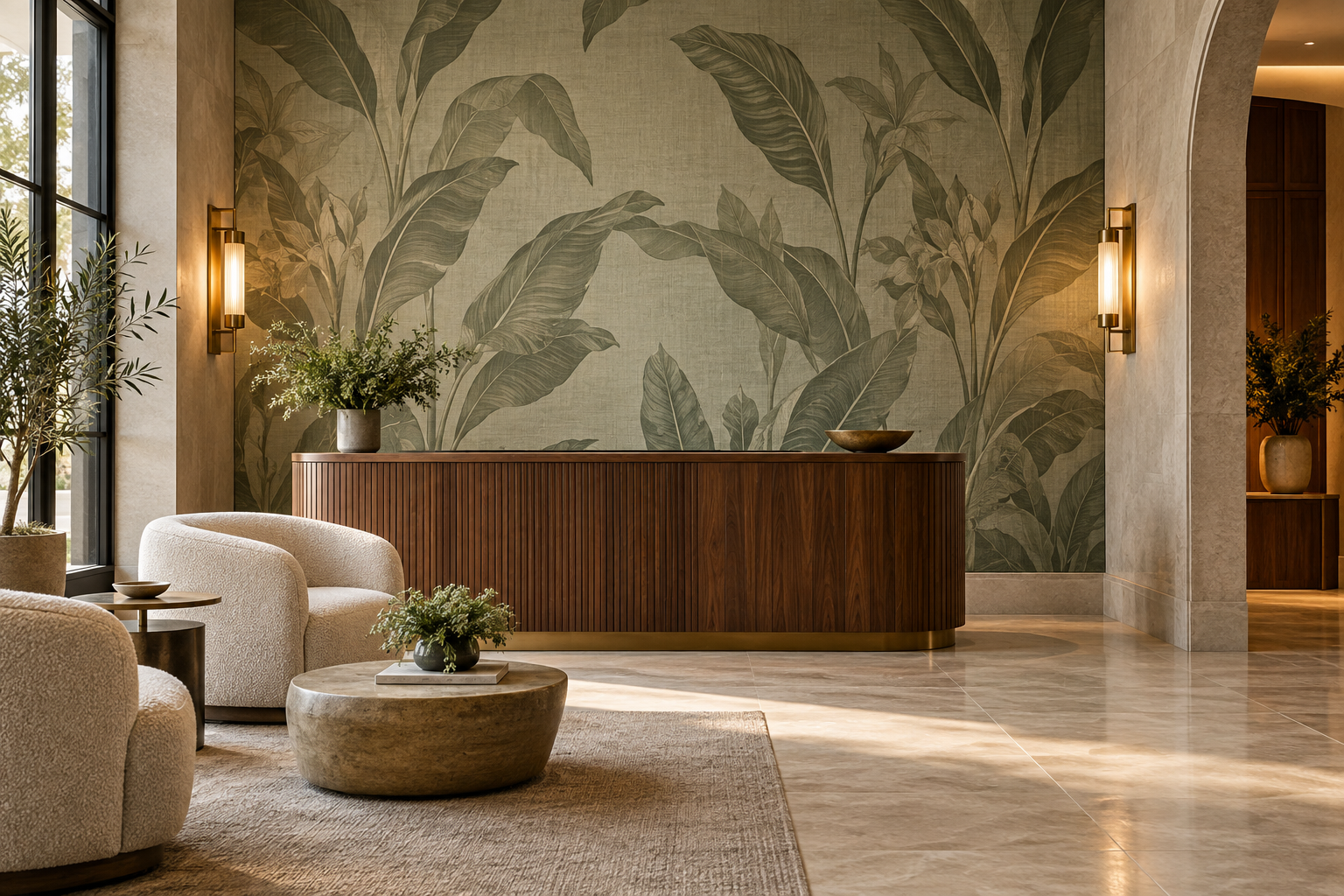 Illustrative reception lounge with sage botanical wallcovering