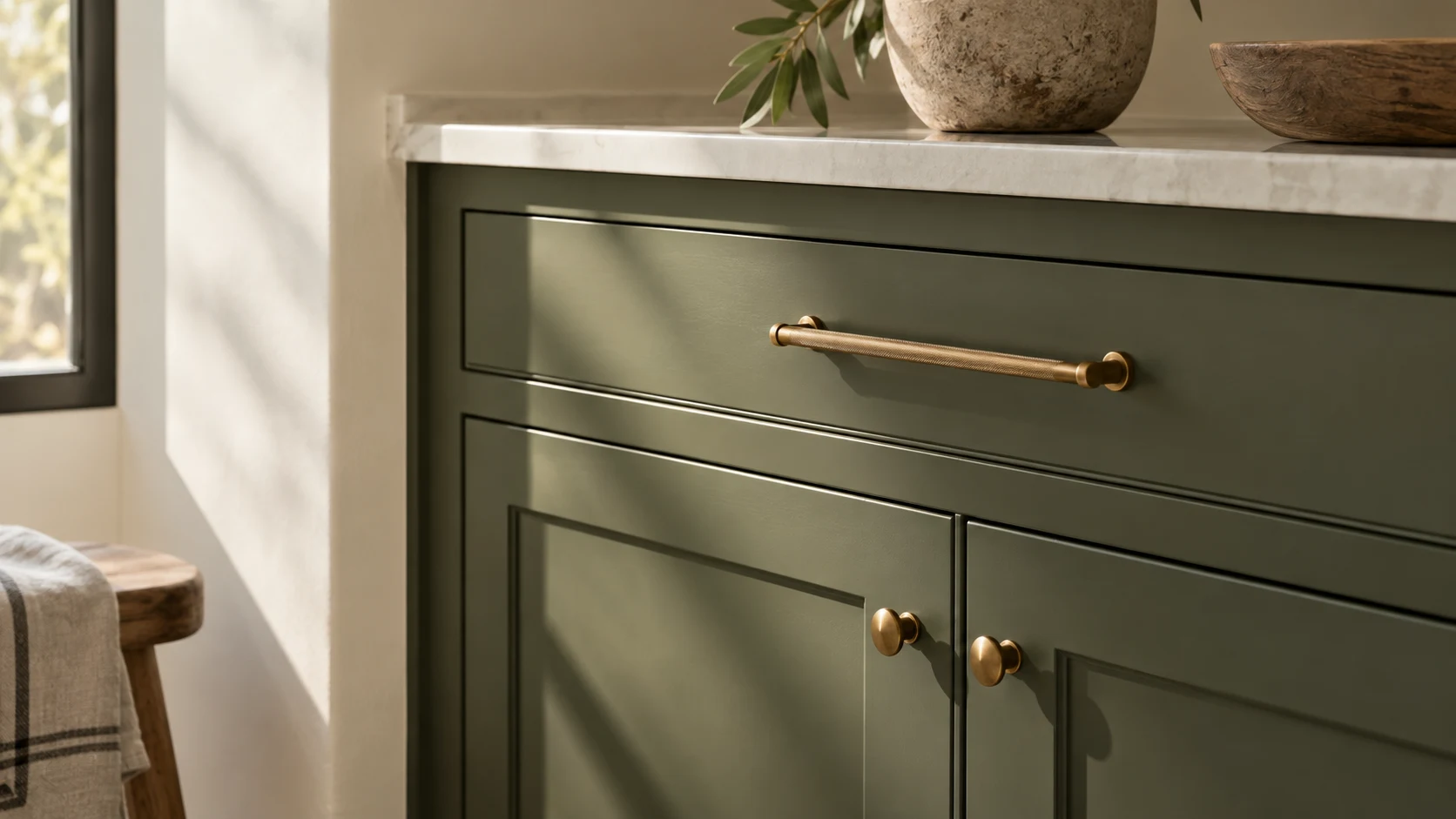 Deep olive painted cabinetry with brass hardware
