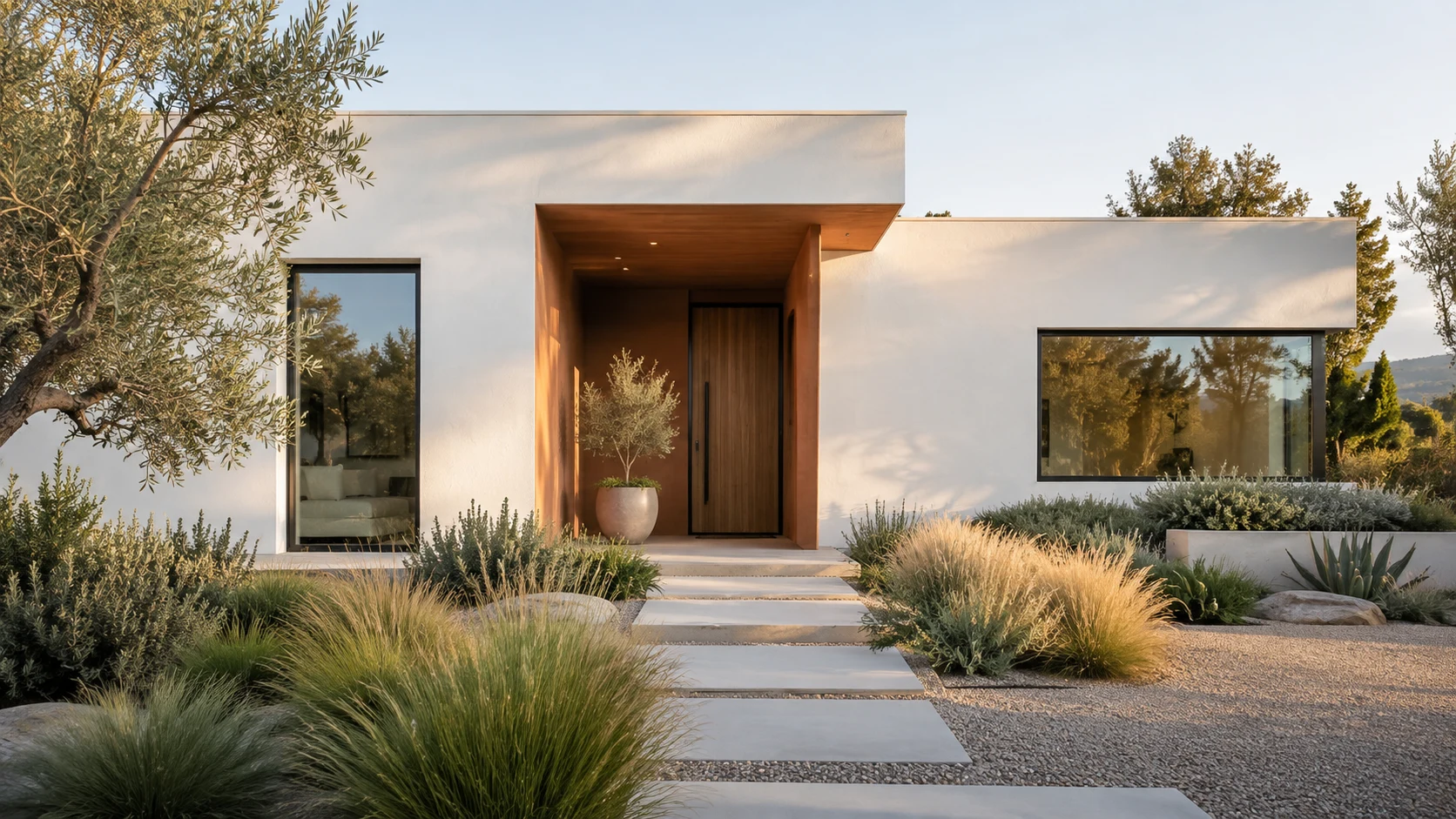 Modern white home with a terracotta painted entrance